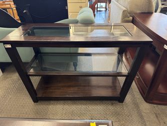 Dark Wood Console Table with Glass Shelves