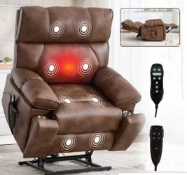 #631-Brown Oversized Dual Motor Genuine Leather Power Lift Recliner with Heat and Massage, 2-Pocket Cup Holders