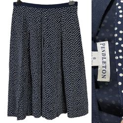 Pendleton silk linen pleated polka dot A-line navy blue skirt women Size 6