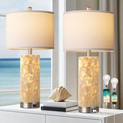 27" Table Lamps with USB Port Set of 2 Night Light Seashell Coastal Bedside