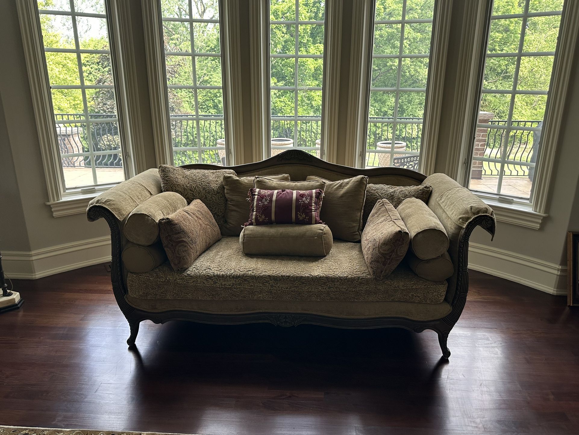 Drexel Heritage Sofa with Crackle Finished Wood and Downfilled Cushions - 2 are for sale.