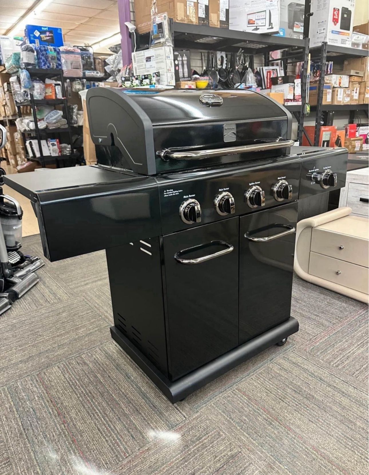 4-Burner Propane Gas Grill with Searing Side Burner in Black with Black Chrome Accent, New
