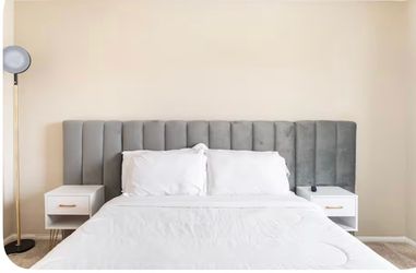 Queen bed, mattress and white night stand