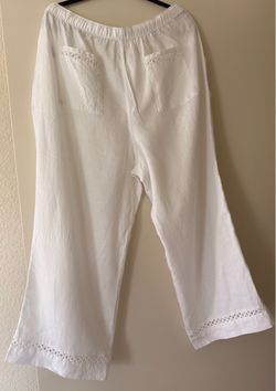 Joie White 100% Linen Wide Leg Pants XL Crochet Trim Pull-On