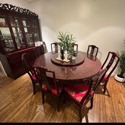 Dark Rosewood Dragon Oriental Table With Lazy Susan For 8 with China Cabinet