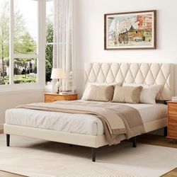 Queen Size Bed Frame NEW with Diamond Tufted Headboard, Velvet Upholstery