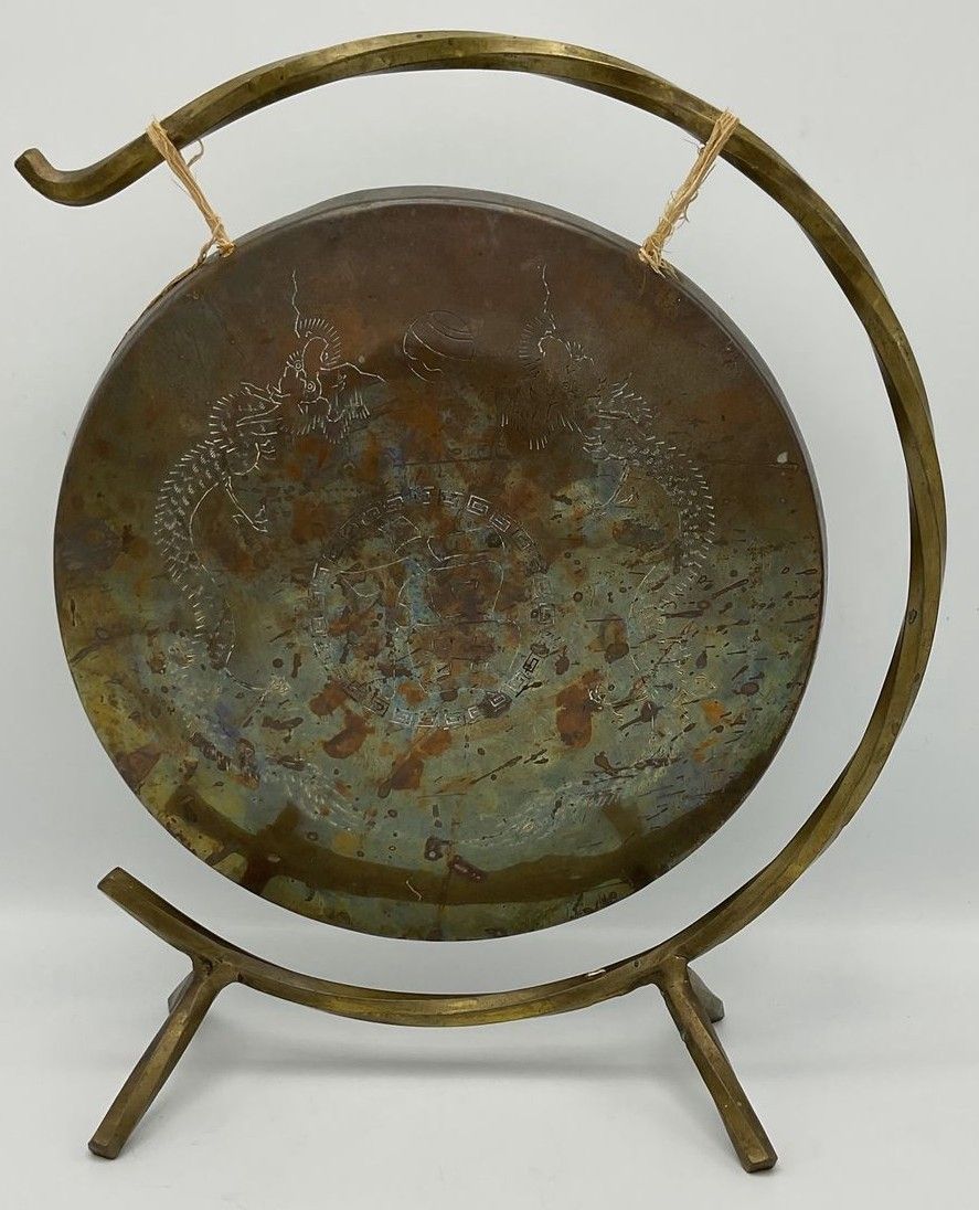 Brass Vintage Gong, Dragon Etching on Curved Stand