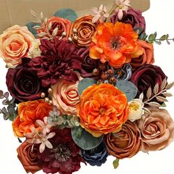 A box of Artificial Flower, Orange Burgundy Blue  peonies, roses, Autumn Wedding, birthday , thanksgiving Flower mix