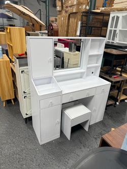Vanity Desk Set with Mirror, LED Lights & Outlet, Adult Makeup Table with Jewelry Cabinet, Storage Drawers & Stool
