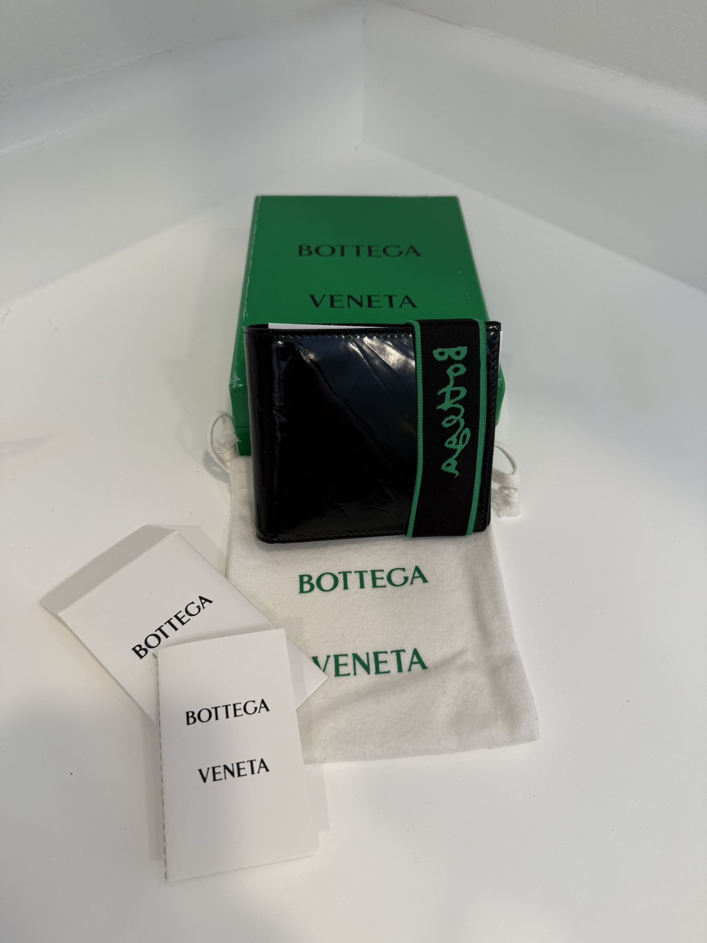 Bottega Veneta Black Crinkle Patent Leather Bifold Wallet, NWB