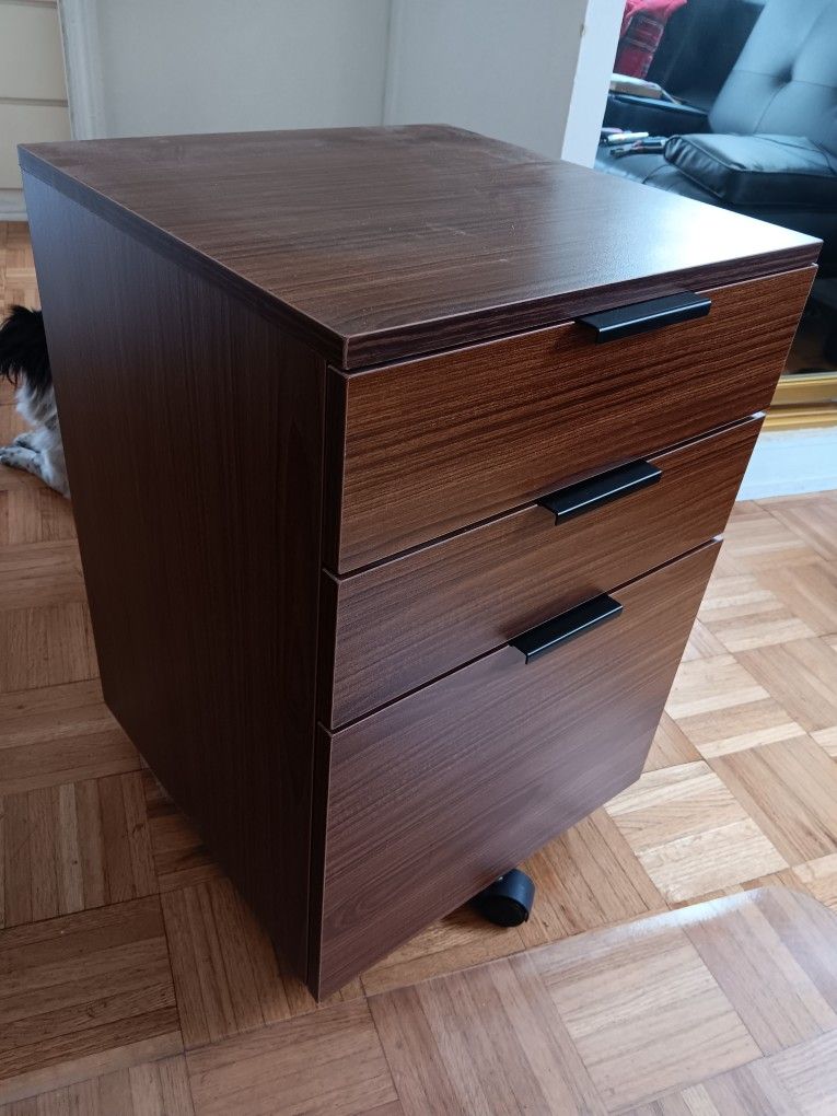 three drawers filing cabinet and black handles on wheels