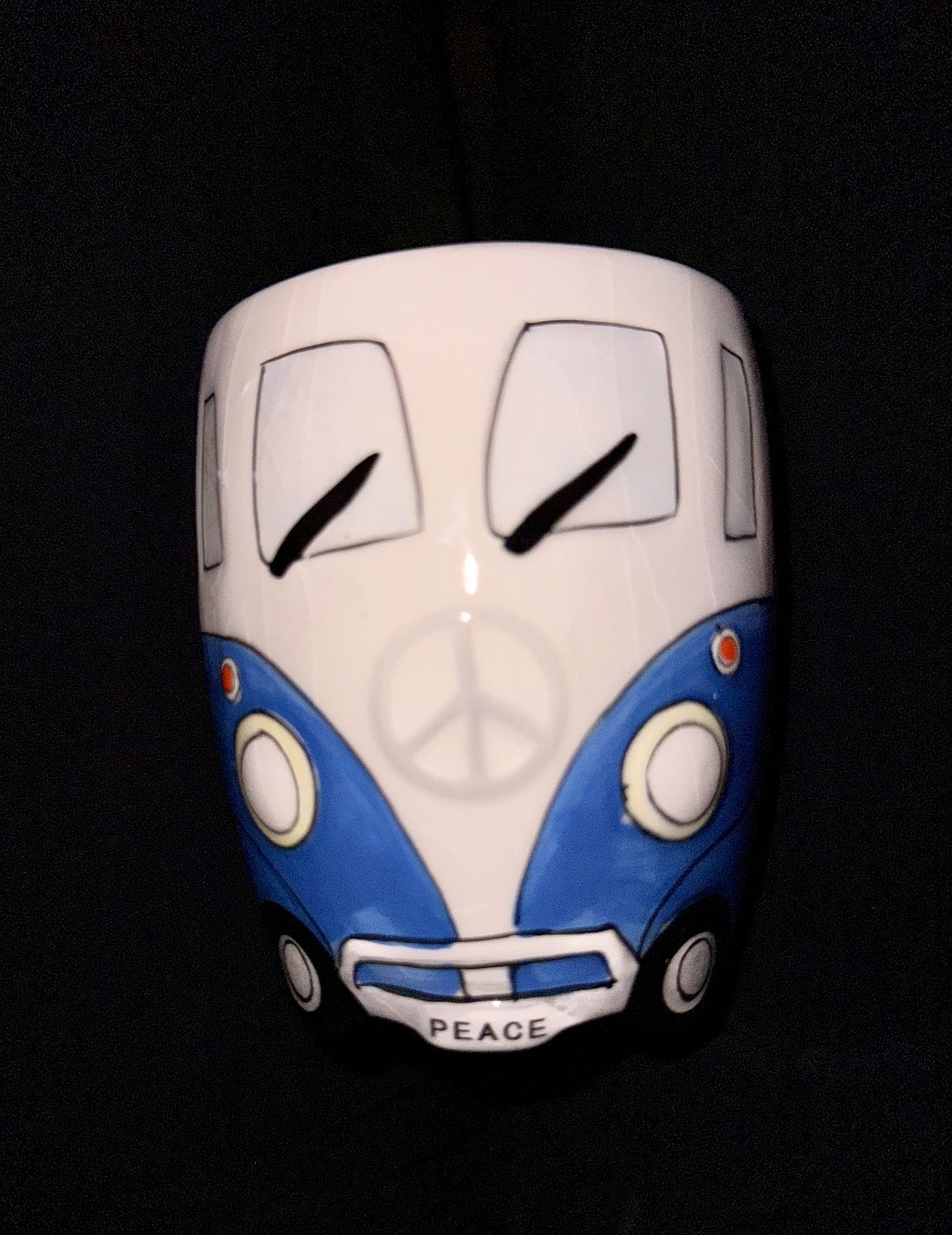 Retro Hippie Camper Bus Van VW style Ceramic Mug Blue White Peace Sign