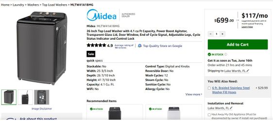 Midea MLTW41A1BMG 26 Inch Top Load Washer with 4.1 cu ft Capacity, Power Boost Agitator, Transparent Glass Lid, Door Window. MSRP $669