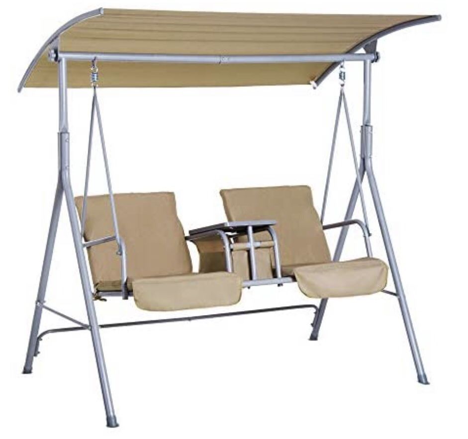 Outsunny 2 Person Porch Covered Swing Outdoor With Canopy Table And Storage Console 