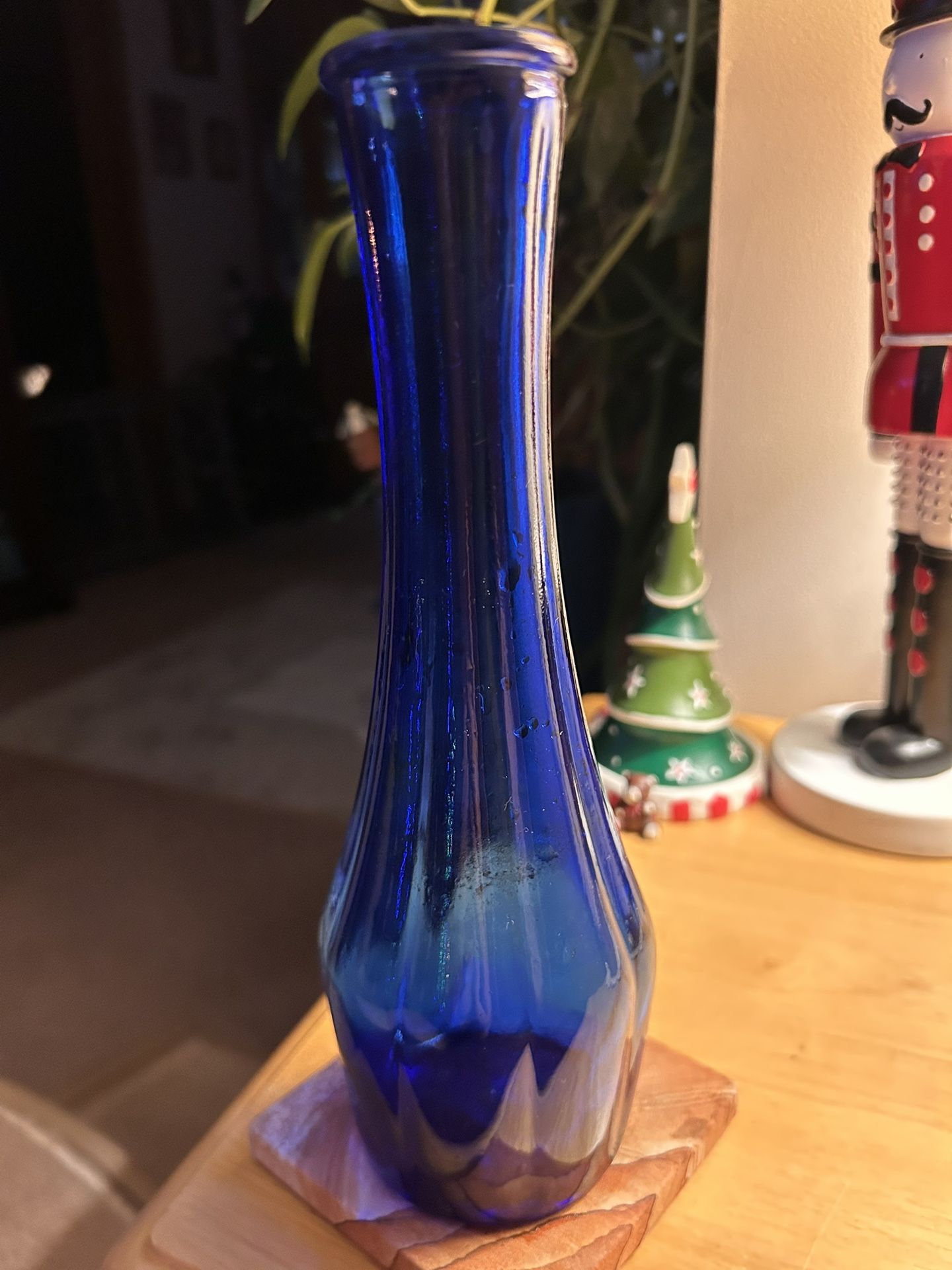 Cobalt Blue Ribbed Glass Flower Vase Unknown Maker 9" Tall
