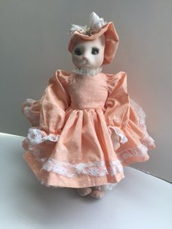 Handmade Bunny Doll w Stand Painted Face w Natural Eyelashes Tap See More for All Info