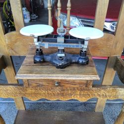 Antique Store Pharmacy Cast Iron Balance Scale White Glass Plates