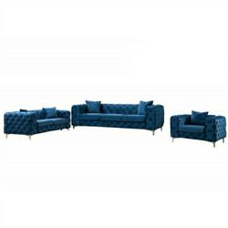 Beautiful 3 Piece Set Sofa Loveseat Chair Blue Velvet Pillows Included Chrome Legs Deep All Around Button Tufted Firm Price $1,880