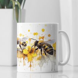 Artistic Honeybee White Ceramic Coffee Mug with Yellow and Pink Watercolor Design
