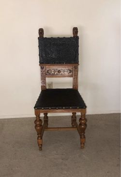 Antique Spanish Revival Carved Wood Dining Chair - Tooled Leather & Mask Finials