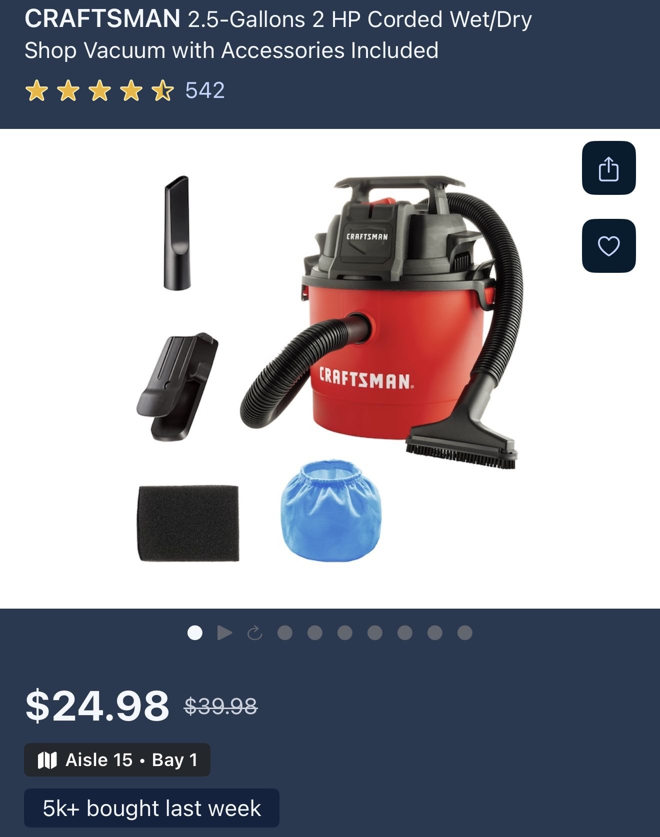 CRAFTSMAN 2.5-Gallons 2 HP Corded Wet/Dry Shop Vacuum with Accessories Included