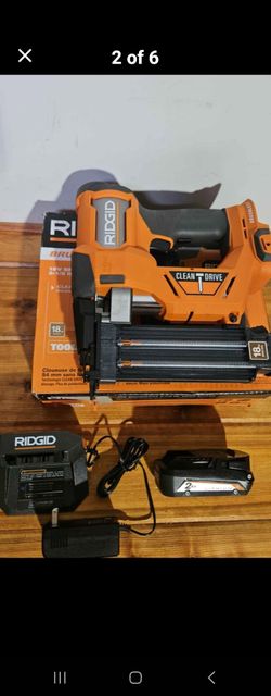 Ridgid 18V 'Clean Drive' brad nailer, battery, charger