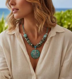 Bohemian-style Turquoise-colored 20" Sea Turtle Pendant Green/Blue Bead Necklace. 
This item is a Bohemian-style turquoise turtle pendant necklace fea