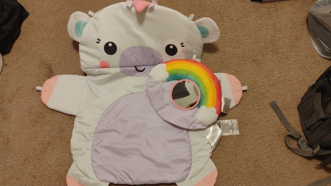 Bright Starts Gently Used Pink Baby Tummy Time Play Mat With Rainbow Mirror