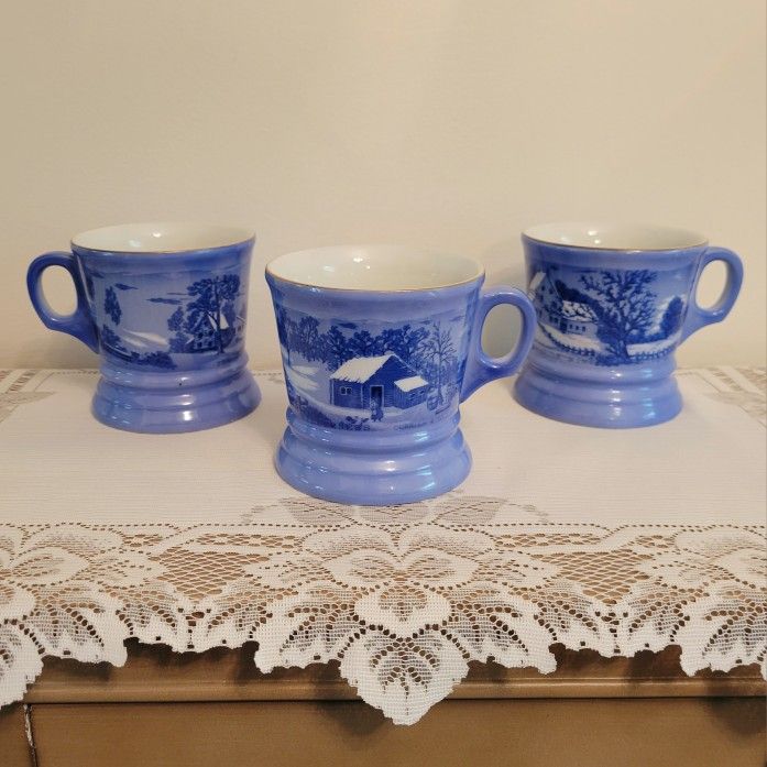 Currier & Ives A Farmers Home and A Home in the Wilderness Blue Mugs - Set Of 3
