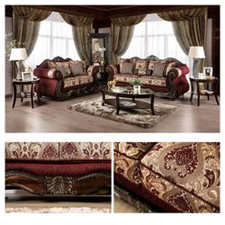 VINTAGE VICTORIAN BURGUNDY BROWN SLEIGH STYLE SOFA LOVESEAT LIVING ROOM 2 PIECE SET COUCH - SILLONES