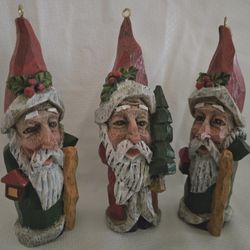 Set 3 OLD WORLD SANTAS Father Christmas Ornament~  Carved Look~ TREE LANTERN STAFF