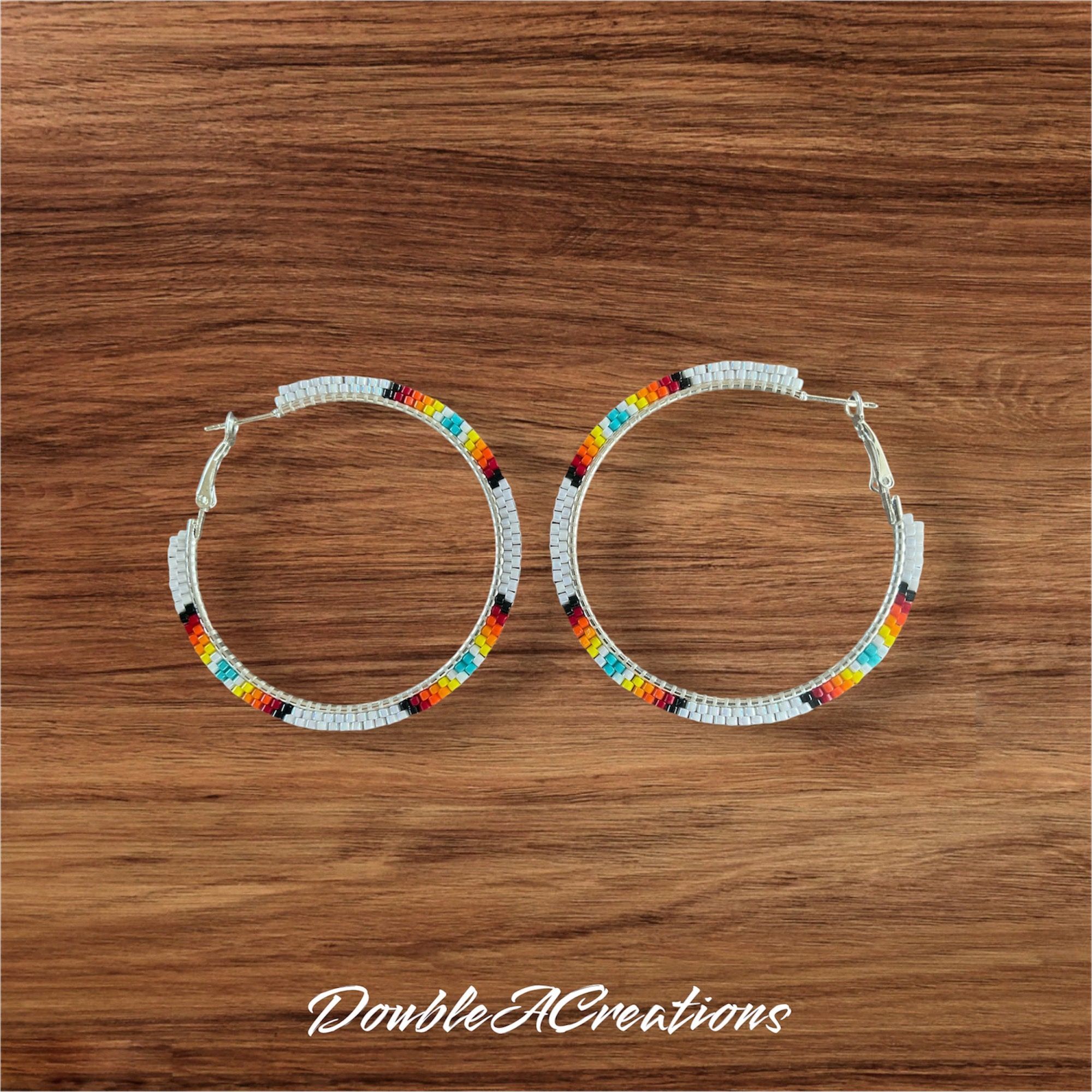 White With Native Colors 2” Beaded Hoops, New, Handmade By Me
