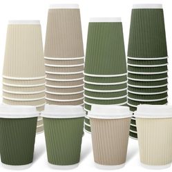 100Pcs Nude Sage Green Disposable Coffee Cups with Lids 12oz Milky White Brown Green Paper Cups Corrugated Ripple Wall Insulated Hot Cups