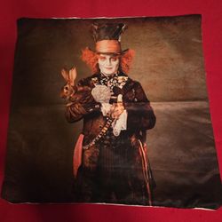 16" By 16" Pillow Case. Johnny Depp as the Mad Hatter from the 2010 film Alice in Wonderland