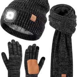 🆕 In 📦 LEDBeanie Gloves Scarf Set,Winter Hat with Light Built in Headlamp Caps Long Scarf Touchscreen Gloves,3️⃣in1️⃣Warm GiftSet