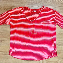 Caslon Red-Striped Organic Cotton V-Neck Elbow-Length Sleeve Cozy Shirt - L