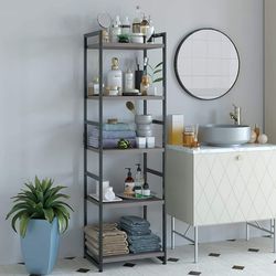 5 Tier Tall Bookshelf, Freestanding Storage Shelf with Metal Frame, Gray Shelf Storage Organizer Unit for Living Room
