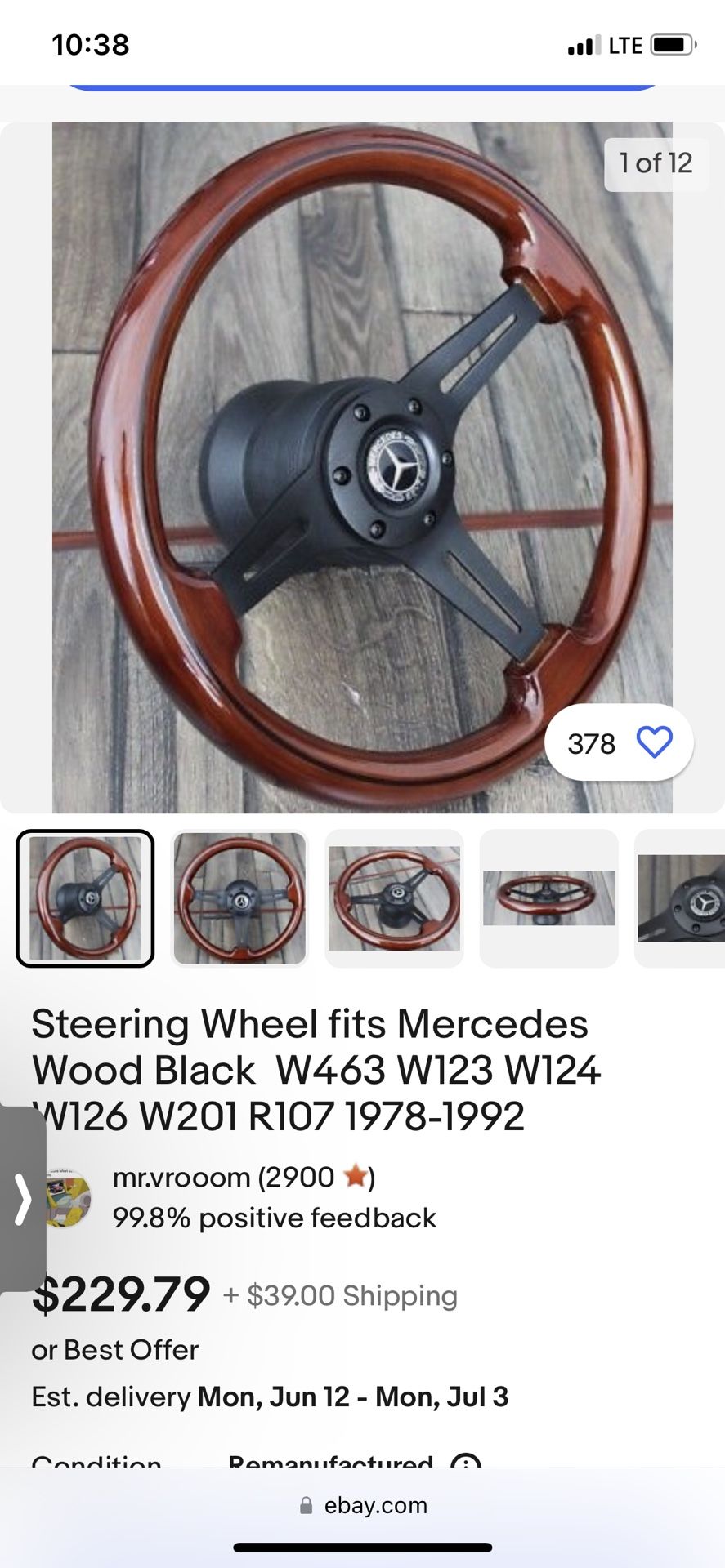 Steering Wheel fits Mercedes Wood Black W463 W123 W124 W126 W201 R107 1(contact info removed)