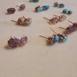 Wire Wrapped Stone Stud Earrings 