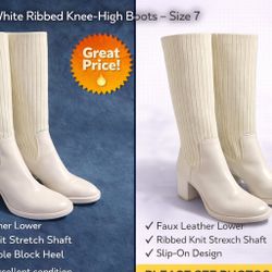 Women’s White Ribbed Knee-High Boots – Size 7 
