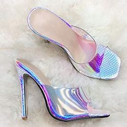 Square Toe Slip On Clear Holographic Mule Sandals