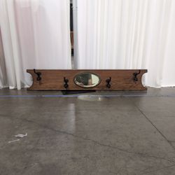 Brown Wood Wall-Mounted Coat Rack with Oval Mirror