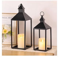Lantern Decorative Outdoor/Indoor Set of 2 (17" & 13") Black Metal Candle Lanterns with Flameless, Farmhouse Decoration for Hom