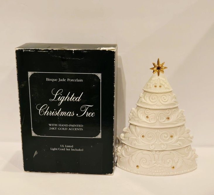 Vintage Bisque Light Up Christmas Tree Hand Painted 24KT Accents Madison Avenue