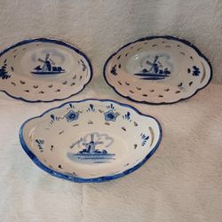 3 Oval Delft Blue Porcelain Baskets With Windmills & Pierced Hearts