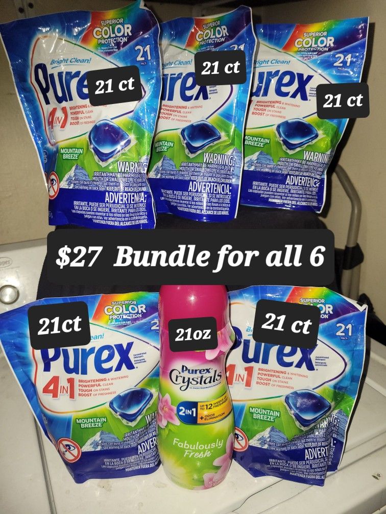 5 Bags of Purex 4in1 (21 CT =105 In Total) & PURE Crystal's (21oz Bottle) For $27/$27 Por Los 6