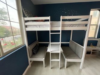 Bunk bed with table and bench