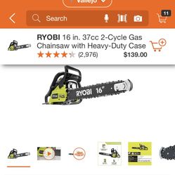 RYOBI 16 INCHES CHAINSAW GAS WITH HEAVY DUTY CASE BRAND NEW 
