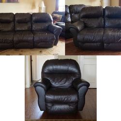 FULL SET - Leather Reclining Couch, Loveseat and Armchair - Brown