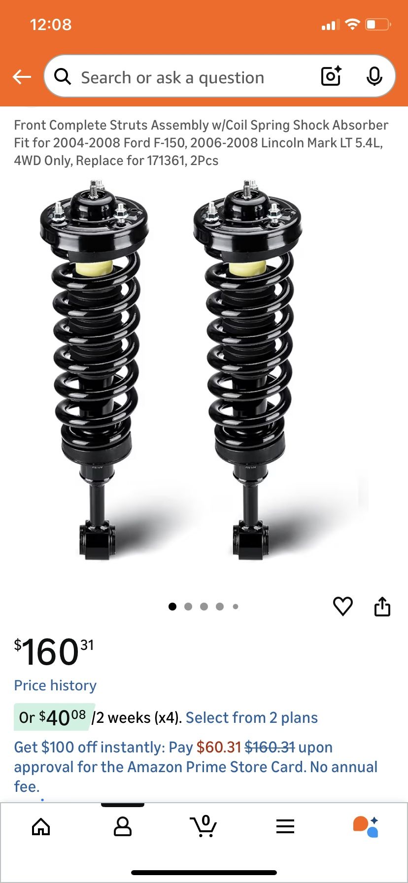 Front Complete Struts Assembly w/Coil Spring Shock Absorber Fit for 2004-2008 Ford F-150, 2006-2008 Lincoln Mark LT 5.4L Replace for 171361